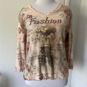 Cactus Vintage Print Beige Long Sleeve Top